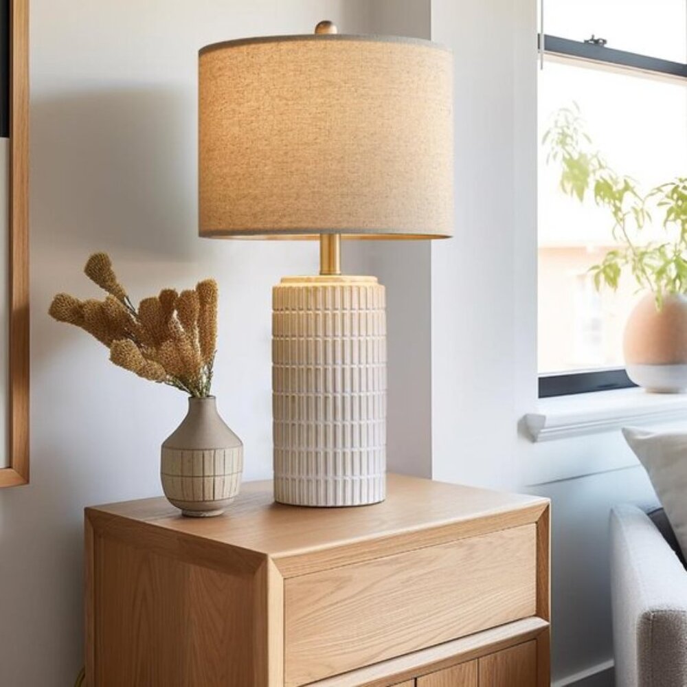 New Set of 2 Modern Ceramic 23Inch Table Lamp, White Desk & Bedside Lamps - Picture 2 of 9